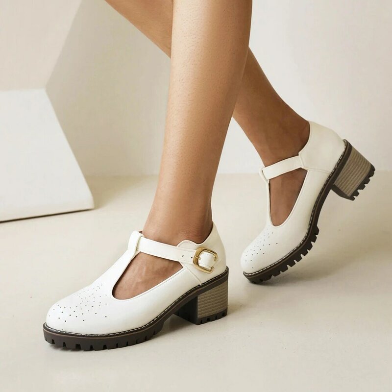 ใหม่ T-หัวเข็มขัดสายคล้อง Mary Janes รอบ Toe Platform รองเท้าผู้หญิงฤดูใบไม้ผลิฤดูใบไม้ร่วงปั๊ม Handmade ขนาดให...