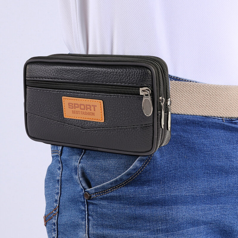 Riñonera de cuero PU multifunción para hombre, bolso de cintura informal con bolsillo para teléfono móvil, bolso deportivo de viaje al aire libre