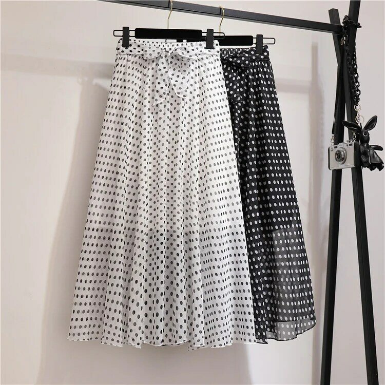 Polka Dot Chiffon Skirt for Women Summer High Waist Ruffled A- line Fresh Floral Mid-Length Skirt