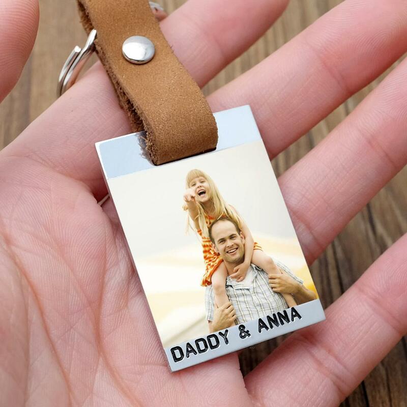 Custom Photo Keychain Personalized Picture Keyring,Engraved Names Leather Keychain Father's Day Gift for Dad