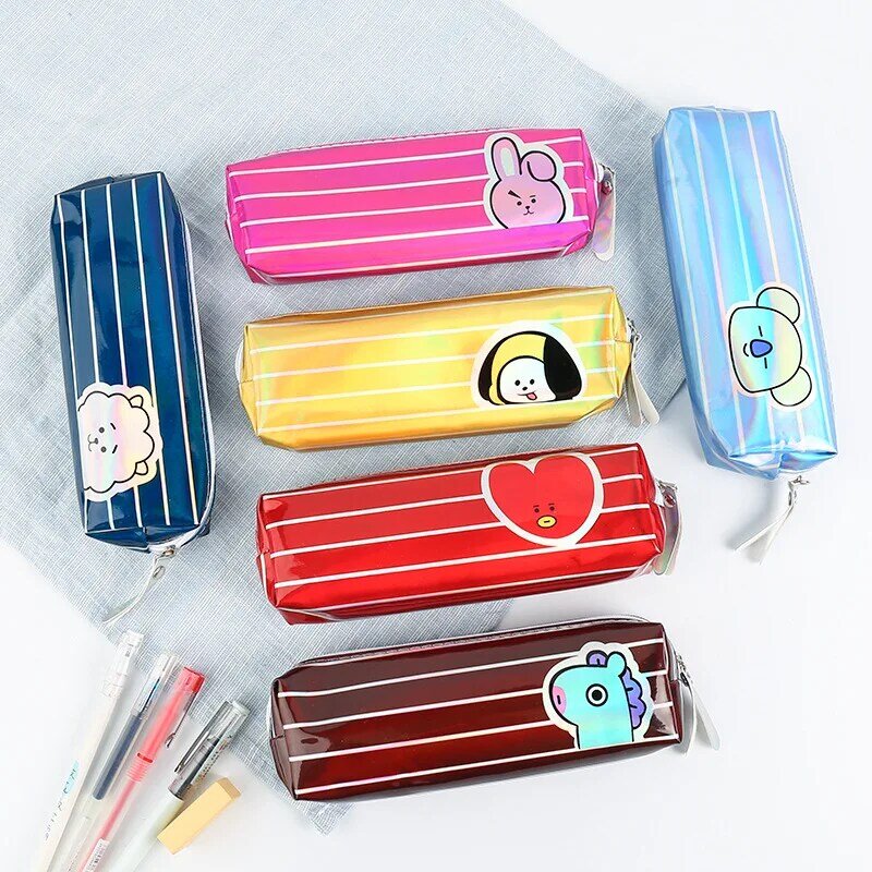 BTS21 BTS Korean-style Cartoon Striped Pencil Case Laser Multi-color Stationery Bag Stationery Box Pencil Case