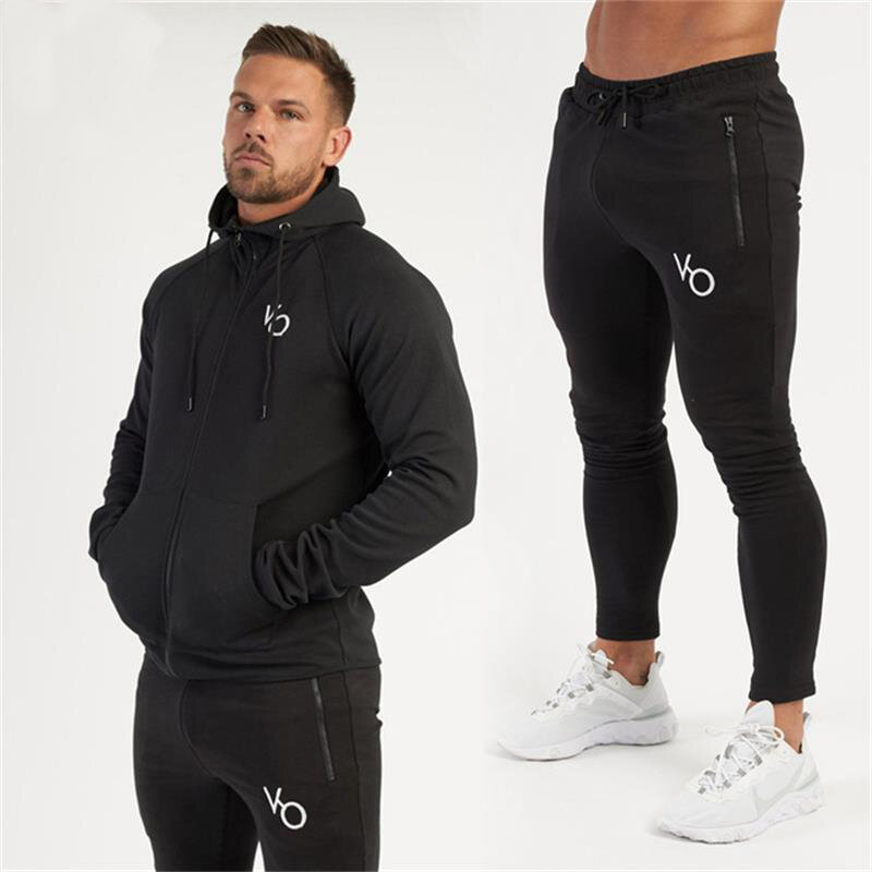 Jogger cotton spring and autumn men's suit streetwear casual hooded zipper hoodie jacket tops slim men's trousers