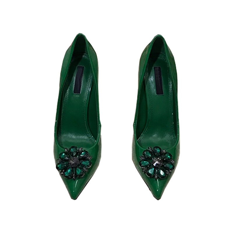 Zapatos de tacón alto de lujo para mujer, calzado de charol con diamantes de imitación de cristal y flores, hecho a mano, stilettos, boca baja, punta estrecha, 34-42S