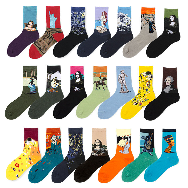 Coloridos calcetines de algodón para hombre y mujer, medias de Arte de fama mundial, pintura al óleo, dibujos animados, estilo harajuku, Retro, estrellas, regalo divertido