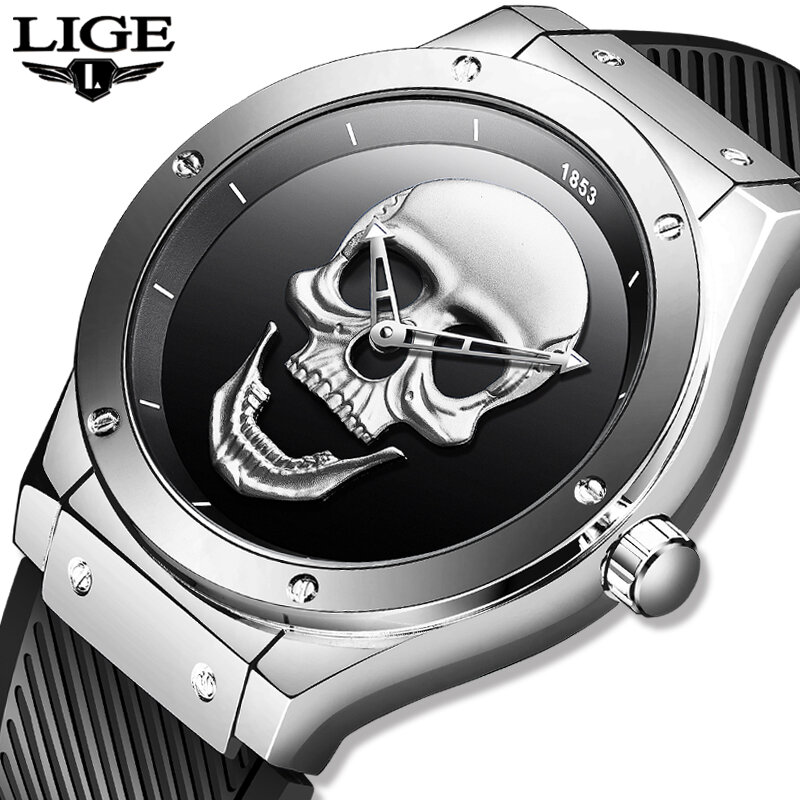 LIGE メンズウォッチの新スカル腕時計メンズミリタリースポーツ腕時計メンズ防水ステンレススチールゴールドクォーツ時計