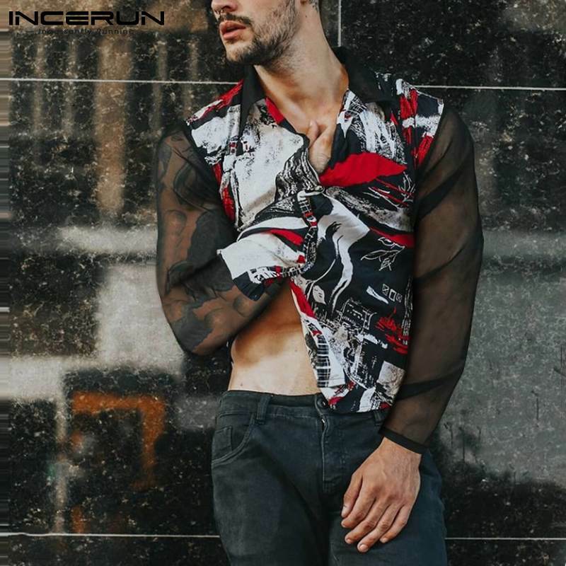 INCERUN topy 2021 przystojny dobrze dopasowane koszule męskie Sexy cały mecz oddychająca siatka nieregularne drukowanie bluzka z długimi rękawami S-5XL