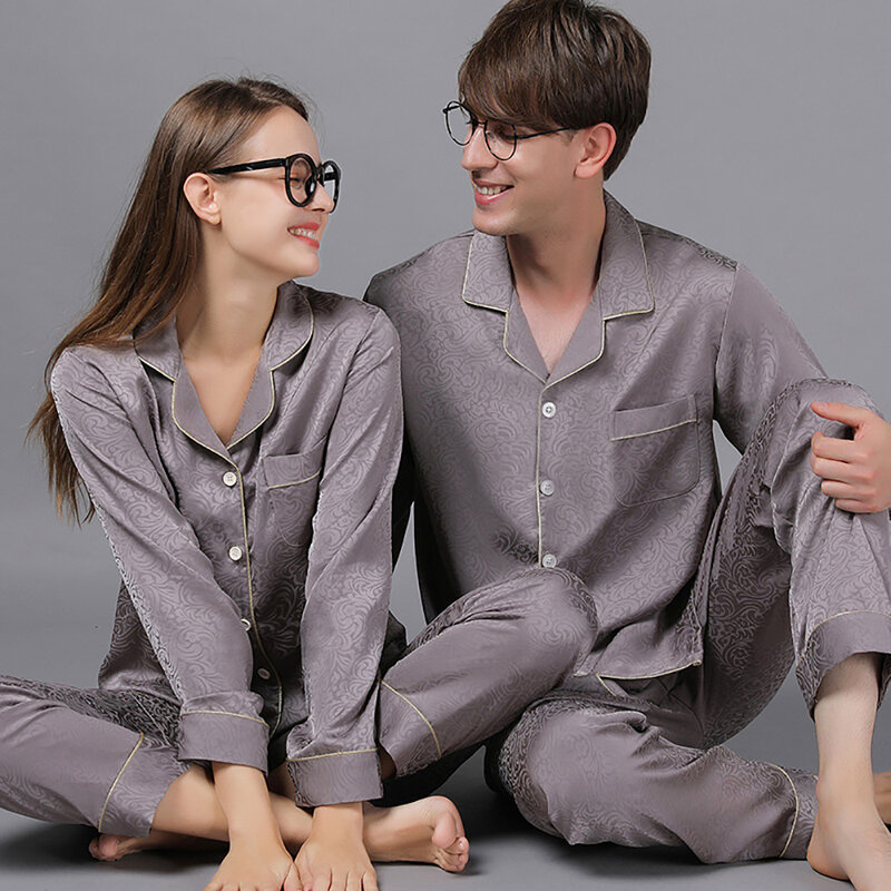 Pijamas de homem de seda de gelo para casais primavera verão solto fresco conjuntos de pijama jacquard de luxo