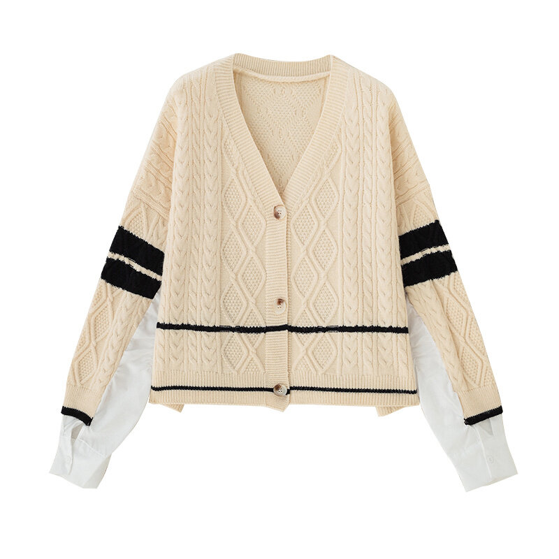 Cardigan Sweater in Spliced Sweater Coat Women's Spring and Autumn Loose Design Sense Knitted