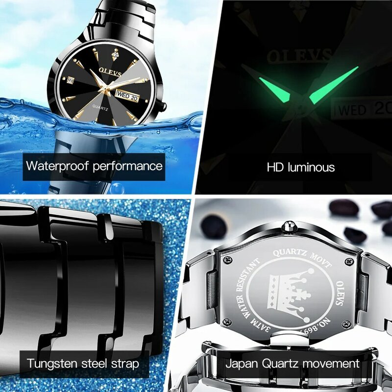 Olevs Merk Hot Verkoop Mode Mannen Quartz Horloge Luxe Tungsten Steel Armband Datum Sport Waterdichte Klok Мужские Часы