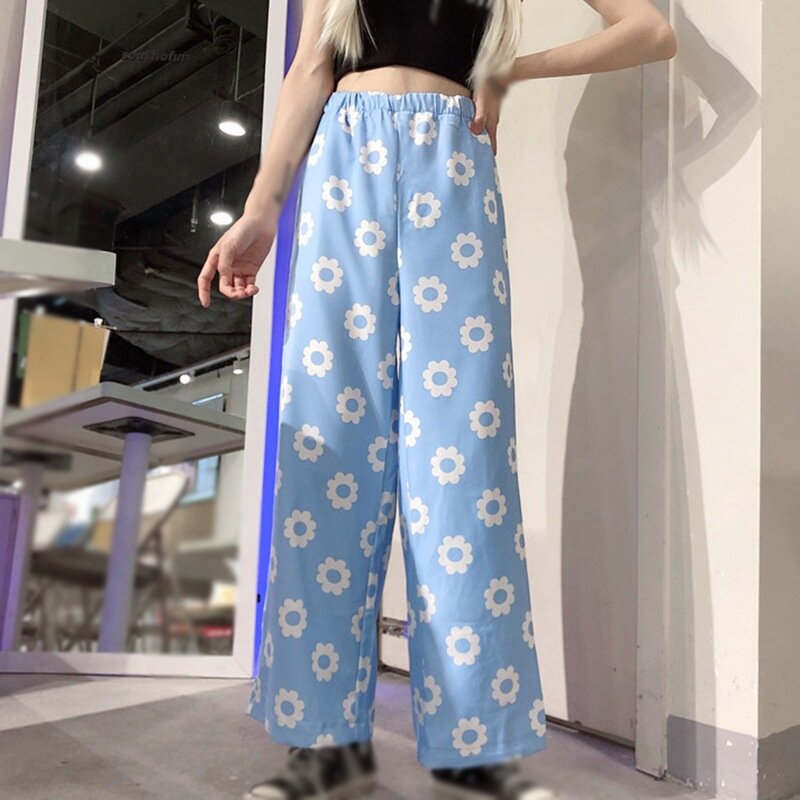 Pantalones de pierna ancha con estampado Floral, ropa de calle de cintura elástica, holgados, de talla grande, estilo Casual, elegante, Harajuku, Verano