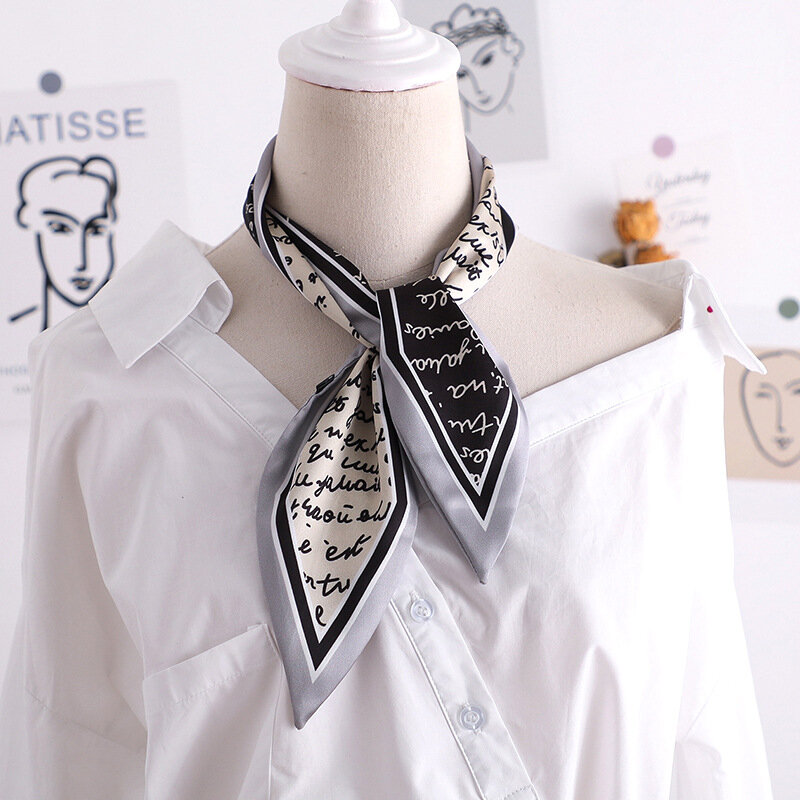 Lenço de seda feminino com letras impressas, lenço de cabeça 90*10cm, bolsa de alça pequena com fitas para mulheres, 2020