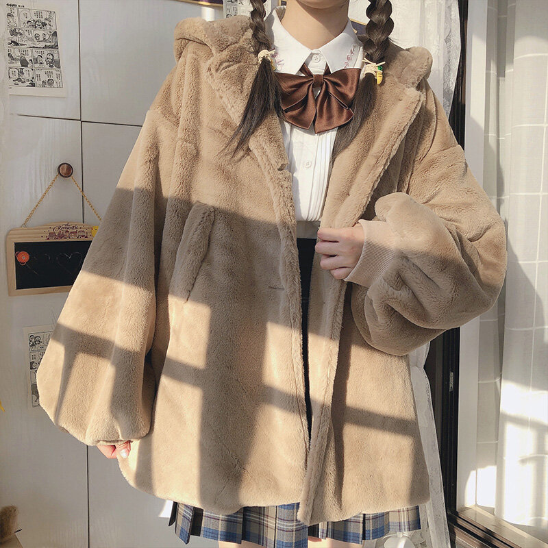겨울 자켓 귀여운 소녀 싱글 브레스트 Thicken Soft Plush Coat 빈티지 긴 소매 Kawaii Jk Lolita Hooded Outweare For Women