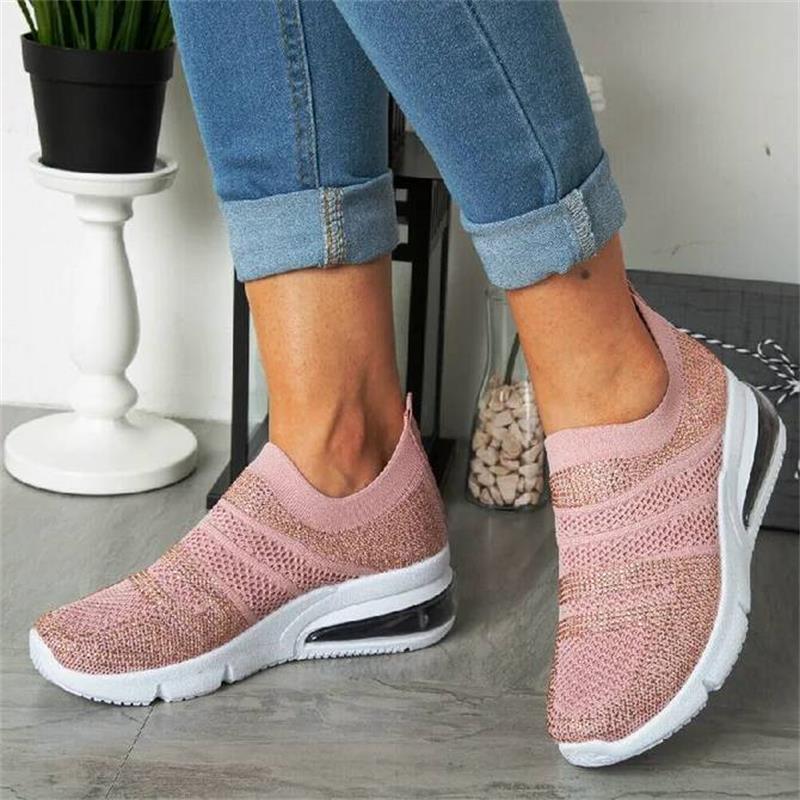 2021 Vrouwen Schoenen Mode Effen Kleur Gebreide Mesh Eenvoudige Platte Hakken Comfortabele Casual Alle-Match Alle-seizoen Sneakers KM216