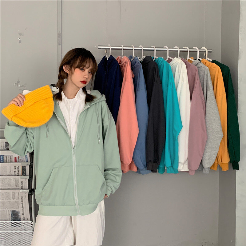 Sweat à capuche en coton pour femmes, couleur unie, nouveau Cardigan coréen ample, vêtements de sport décontractés, 50B, automne 2020