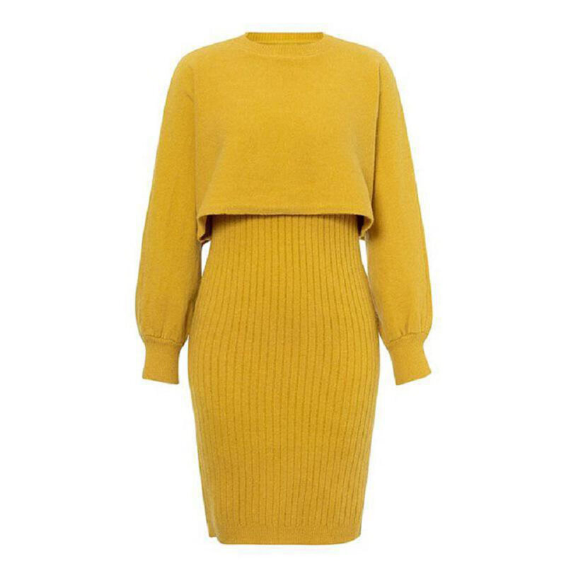 2021 여성의 가을 새로운 드레스 패션 통근자 스타일-긴팔 둥근 목 솔리드 컬러 스트레이트 따뜻한 니트 투피스 양복