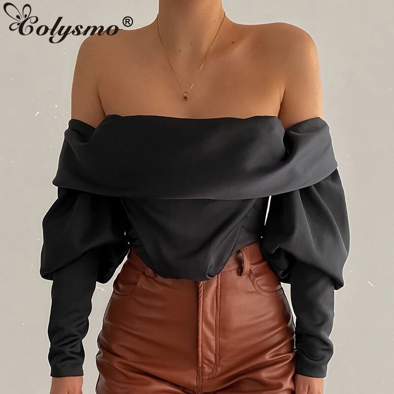 Colysmo Puff Sleeve Shirts Off Schulter Top Elastische Futter Zurück Boning Zipper Buttons Schwarz Satin Crop Top Mode Frauen Blusen