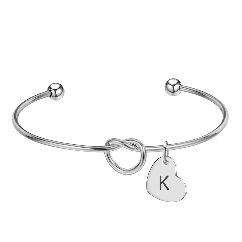 Love Heart Engraving A-Z Letter Pendant Bangle For Women Stainless Steel Adjustable Cuff Bracelet Girls Personalized Jewelry