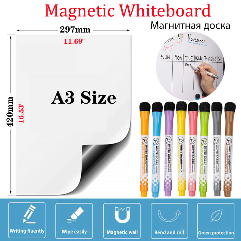 Pizarra blanca magnética tamaño A3 para practicar Escritura de mensajes, calendario, borrado en seco, pegatinas