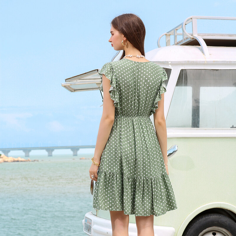 Женское летнее зеленое платье CGYY в стиле бохо, Дамское привлекательное короткое пляжное платье в горошек с бантом и оборками, 2021