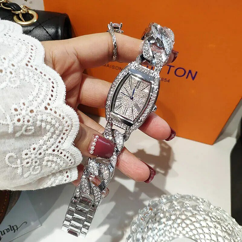 Montres de luxe pour femmes, Top marque avec strass en forme de Tonneau, montre-Bracelet en cristal pour femmes