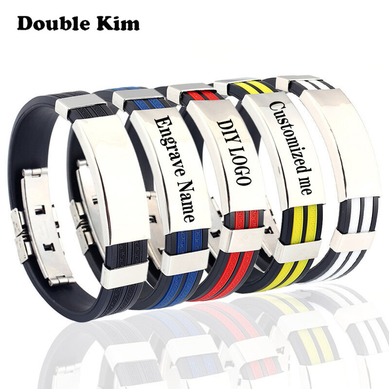 Personalizado silicone pulseira de aço inoxidável diy gravar nome data pulseira para mulheres masculino logotipo personalizado casal jóias presente