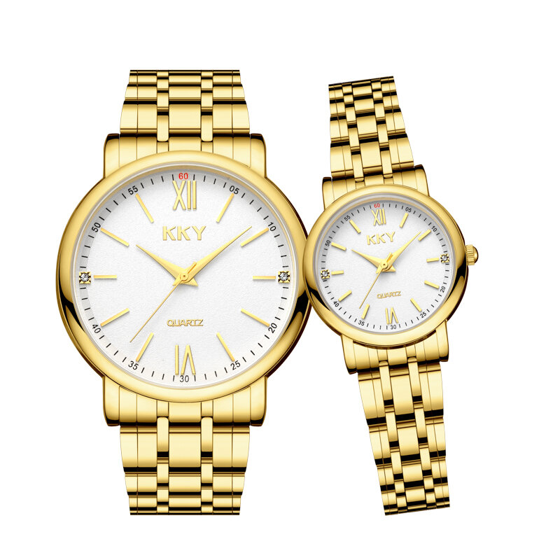 Couple Gold KKY Brand New Watch 2021 Men's Watches Luxury Quartz Women Waterproof Wristwatches Ladies Fashion Casual Lover Clock