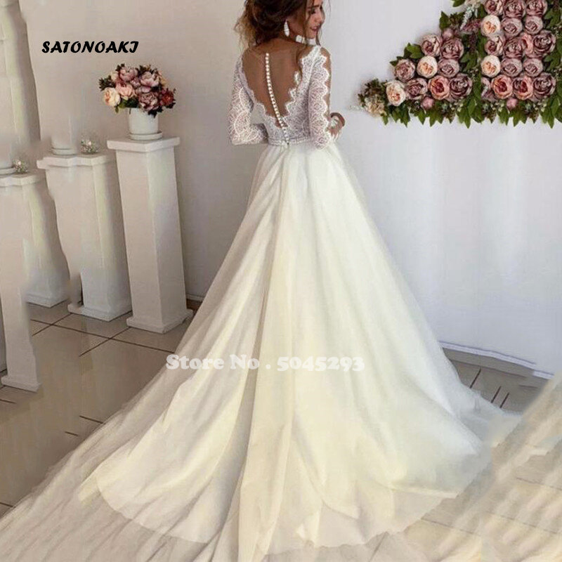 2021 Vestido De Novia-فستان زفاف مصنوع حسب الطلب ، ياقة على شكل V ، أكمام طويلة ، دانتيل ، مع حزام