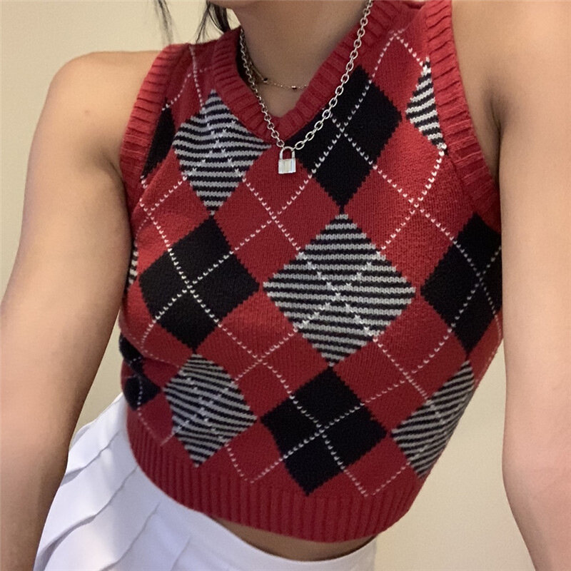 Muyogrt  V Neck Vintage Argyle Sweater Vest Women Black Sleeveless Plaid Knitted Crop Sweaters Casual Autumn Preppy Style