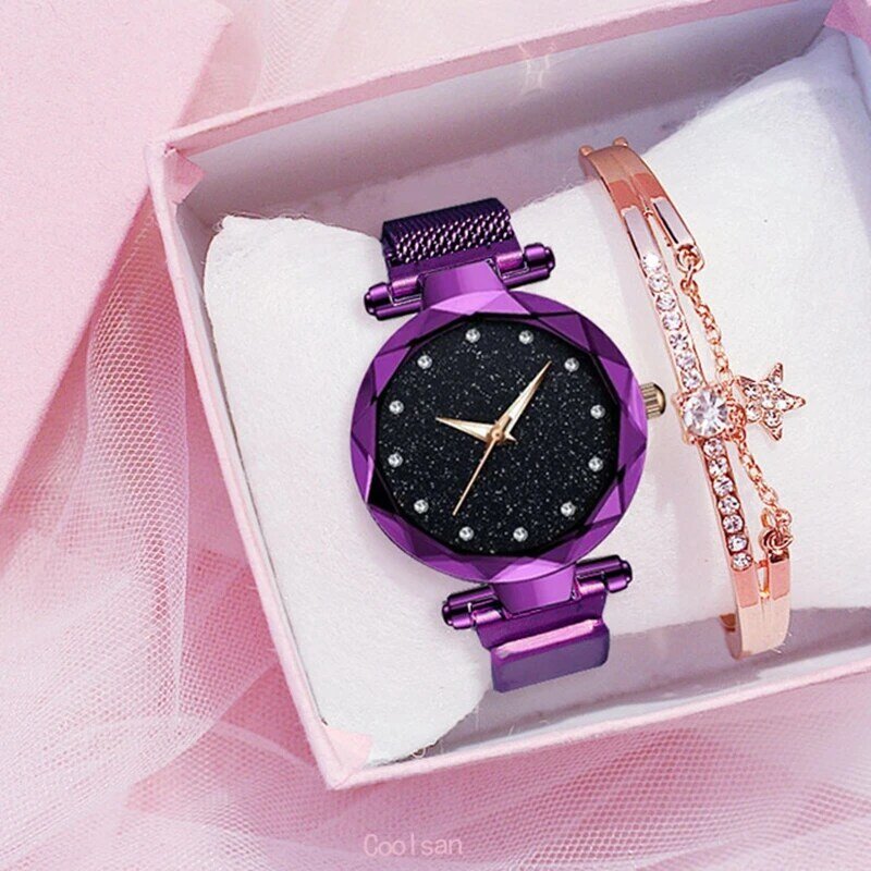 Luxe 2Pcs Vrouwen Horloges Armband Set Mode Elegante Magneet Gesp Dames Sterrenhemel Horloge Set Relogio Feminino Dropshipping