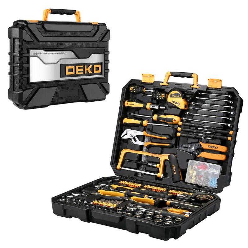 DEKO-Juego de herramientas de reparación de automóviles, paquete de combinación de herramientas de mano con caja de almacenamiento de plástico, llave de tubo, DKMT198