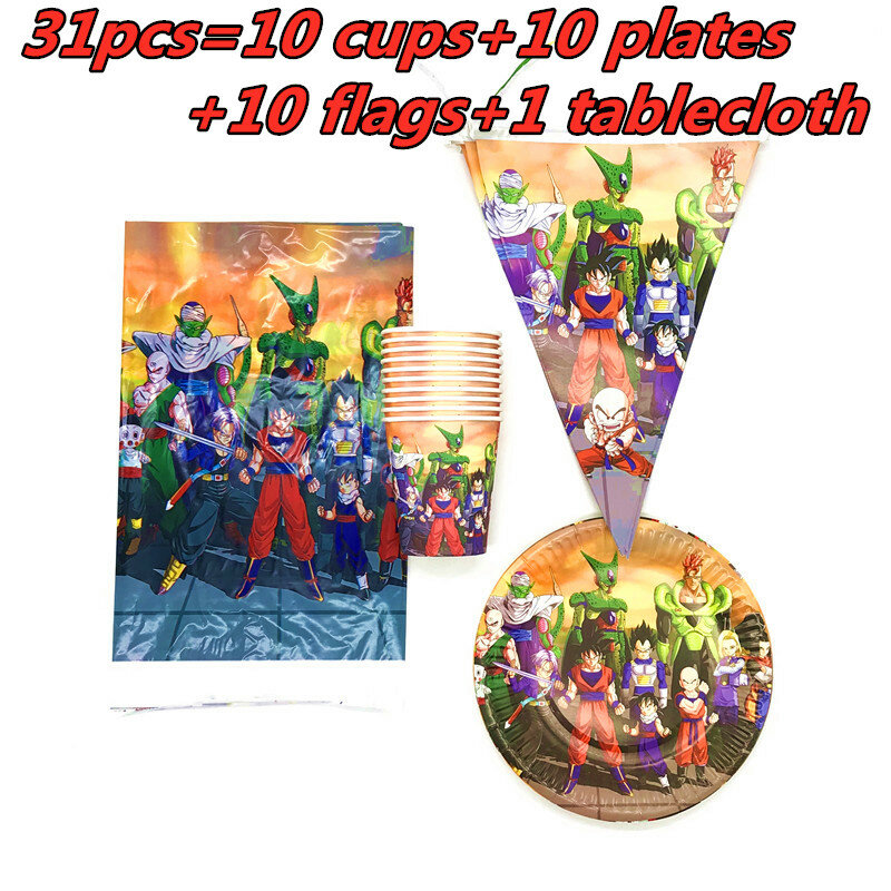 Cartoon Son Goku Theme Birthday Party Paper Cup Plate Flag Tablecloth For Kids Boy Baby Shower Party Decorations Party Supplies