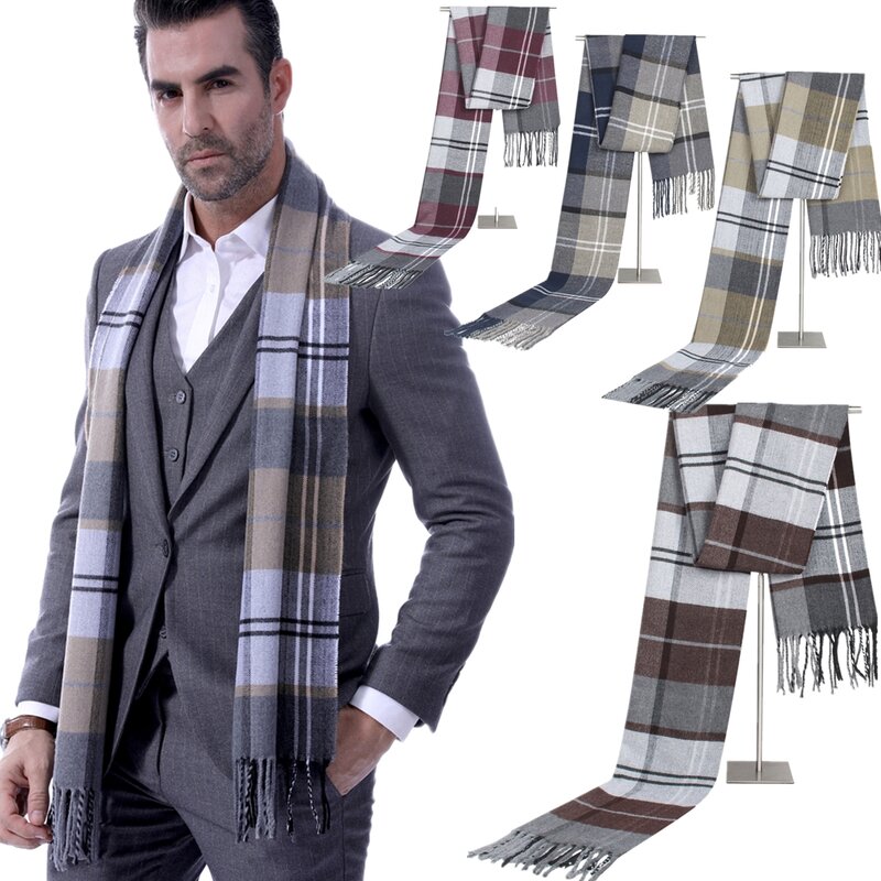 Masculino negócio cashmere longo cachecol outono inverno quente xadrez pescoço envoltório xale macio lenço térmico