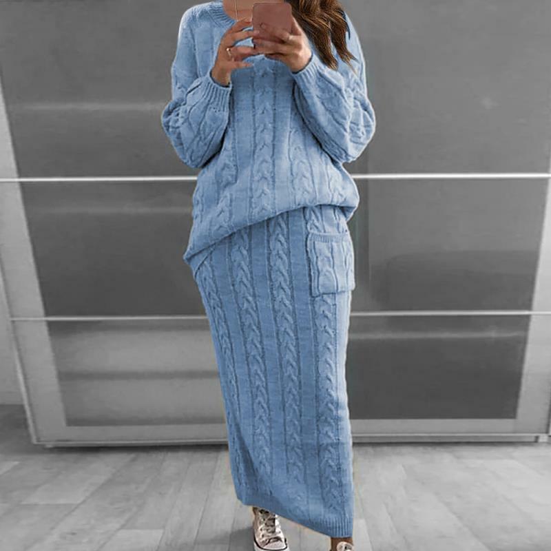 Комплект женский трикотажный из 2 предметов, зимний Однотонный свитер с длинным рукавом и юбка