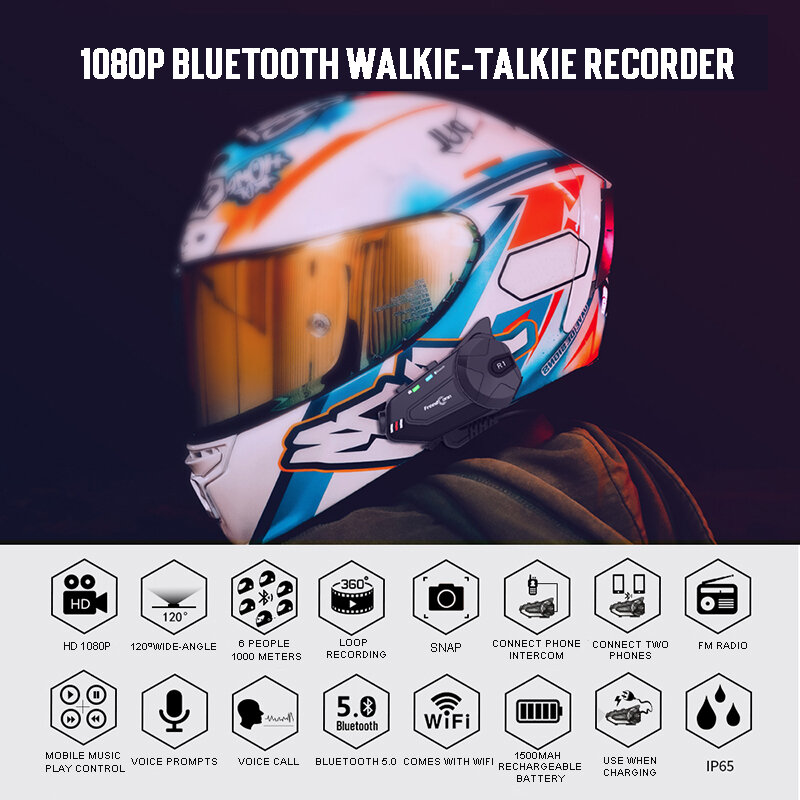 FreedConn-intercomunicador R1 plus para casco de motocicleta, auriculares con Bluetooth, micrófono, grabadora de vídeo, wifi, 6 conductores