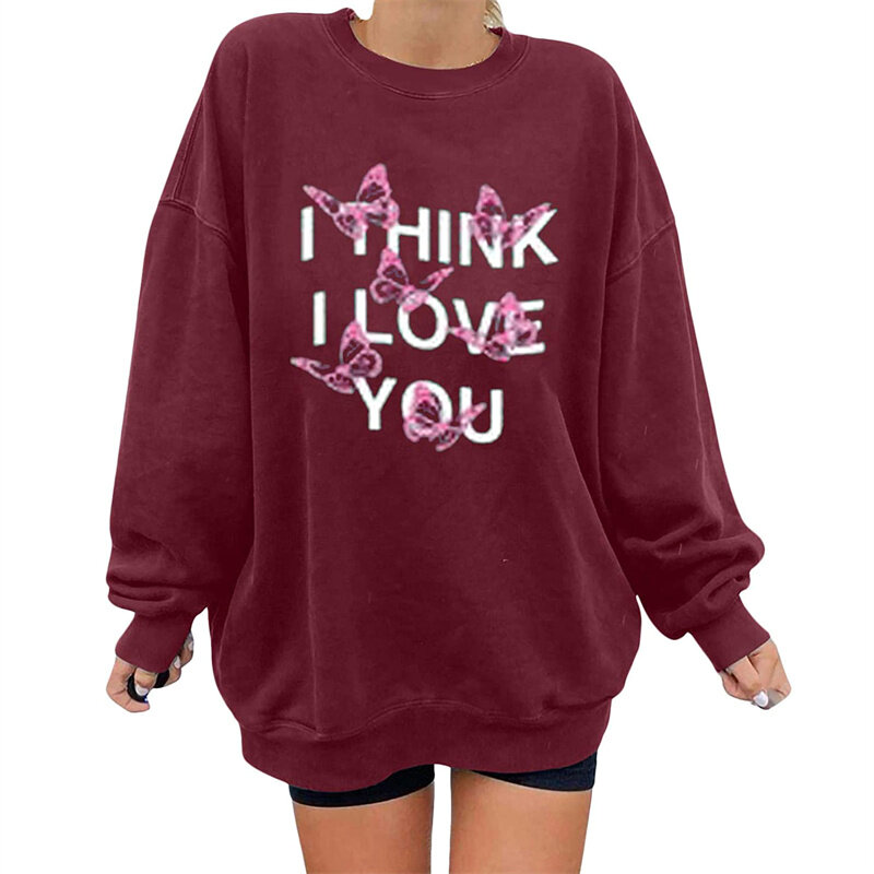 Women Winter Loose Sweater Adults Butterfly & Letter Print Long Sleeve Round Neck Pullover