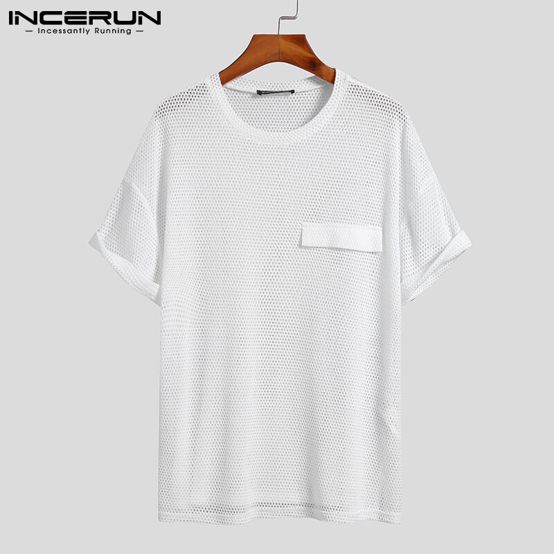 Tops 2021 Handsome New Mens Korean Style Solid Color Comfortable Hollow Fashion Tees Hot Sale Half Sleeve T-shirts INCERUN S-5XL
