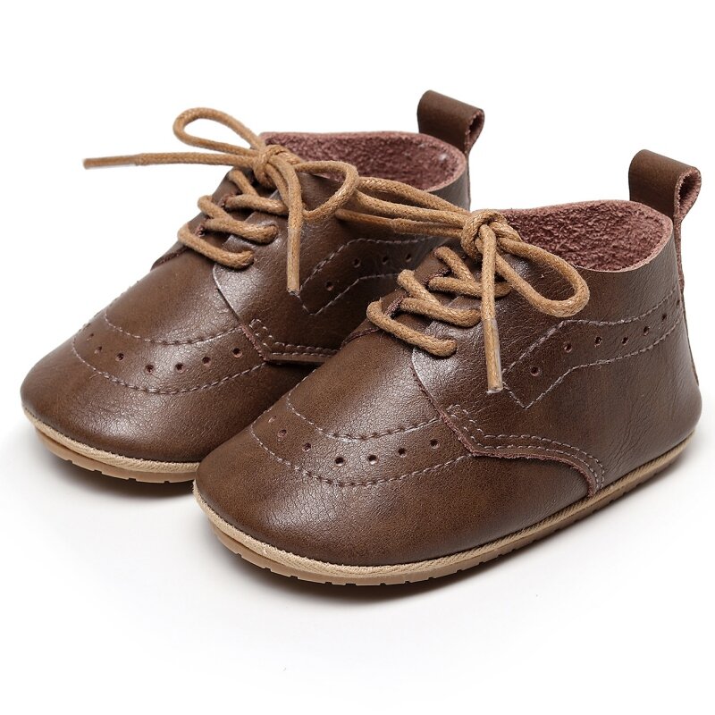 Sepatu Kulit Gaya Inggris Bayi Warna Solid Lucu Sepatu Prewalker Sepatu Renda Sol Karet Bayi Sepatu Anti Selip Balita