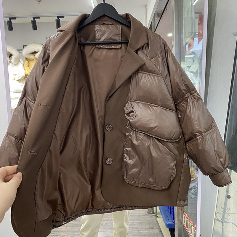 겨울 여성 패딩 자켓 짧은 느슨한 한국어 스티칭 감기 방지 따뜻한 겉옷 서양식 두꺼운 깃털 자켓