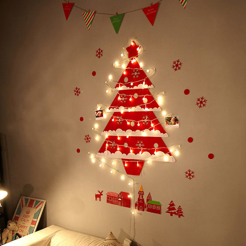 Merry Christmas Tree Wall Stickers Reusable Felt DIY Window Santa Snowman Scene Layout With Light New Year Stickers Decoration