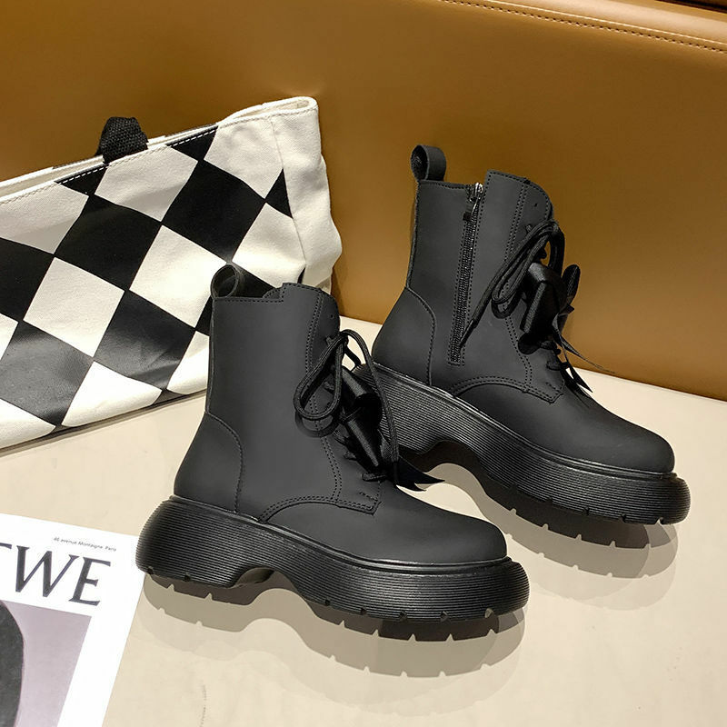 QWEEK 2021 Women Autumn Platform Grey Black Kawaii Martin Boots Female British Style Bow Simple Versatile Fashion Rubber Shoes