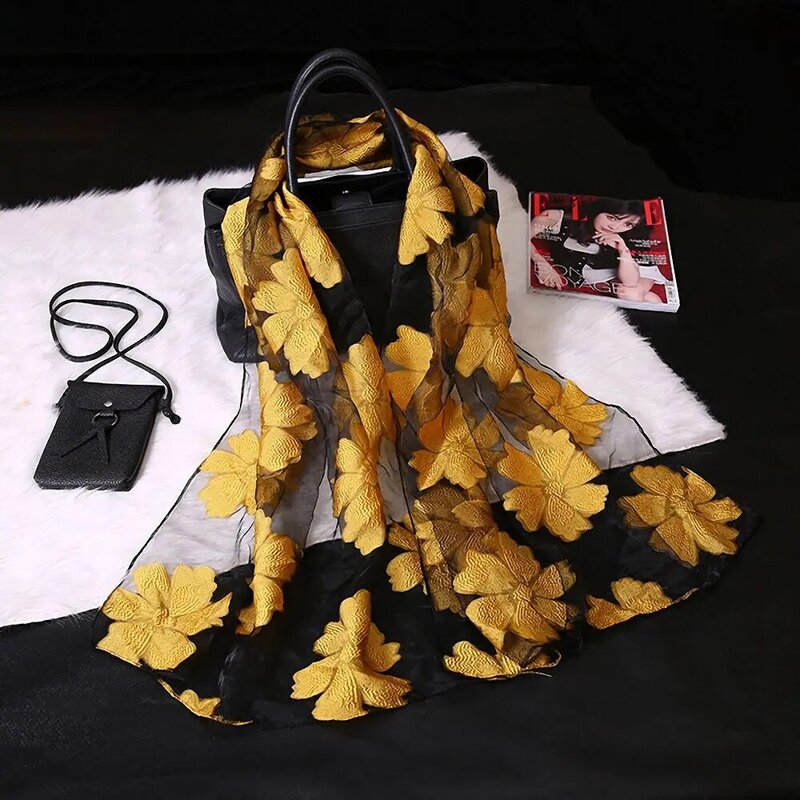Модный мягкий шелковый шарф, шали с листьями, жаккард, легкая органза, марля, шарф с вышивкой для женщин, пляжный оттенок, летний подарок