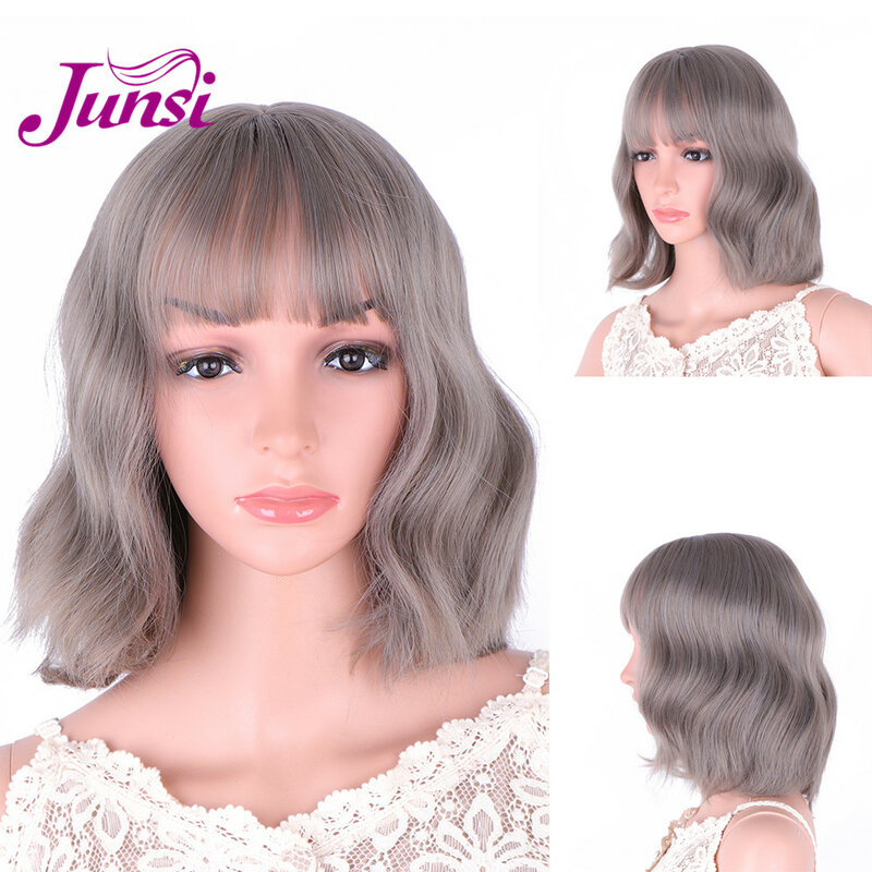 JUNSI – perruque synthétique courte ondulée avec frange pour femmes, cheveux naturels, brun, noir, mixte, Fiber résistante à la chaleur