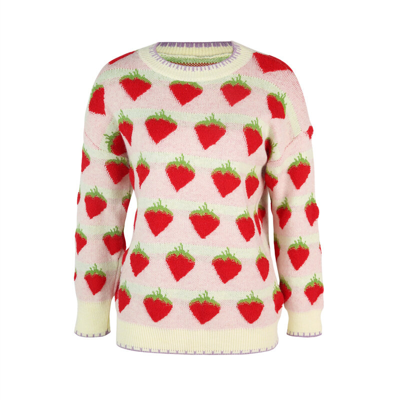 Pull à manches longues avec broderie de fraises pour femme, col rond, ample, tricoté, décontracté, automne/hiver