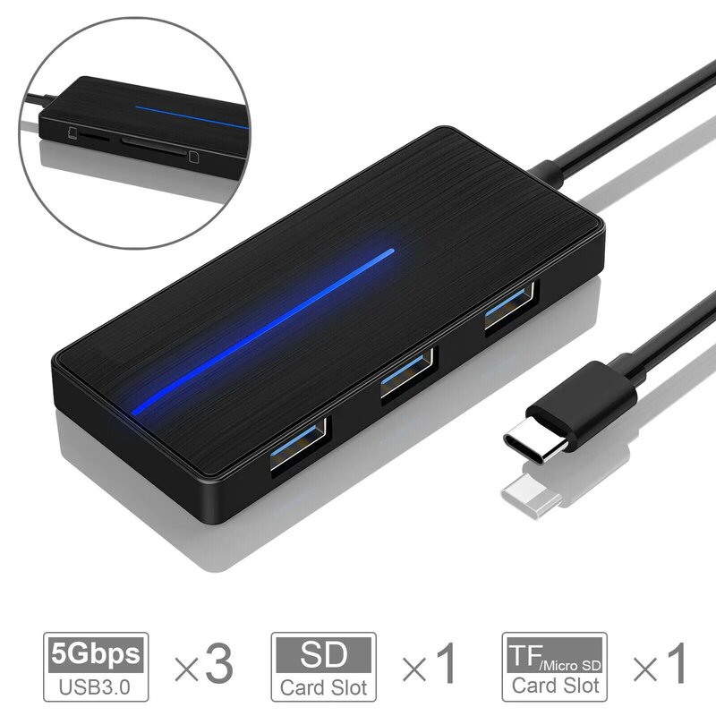 Adaptador de concentrador de datos USB 3,0 de 3 puertos tipo C, ultrafino, tarjeta TF/SD, indicador LED azul
