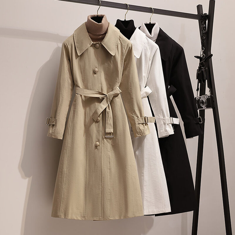 여자의 중간 길이 새로운 CoatTemperament 인기있는 가을 싱글 브레스트 피터팬 칼라 한국어 패션 숙녀 느슨한 트렌치 코트