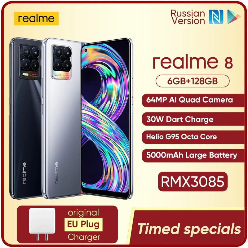 Realme – Smartphone, 8, RAM 6 go, ROM 128 go, 6.44 "AMOLED, 64mp, téléphone intelligent, terminal Mobile, quatre caméras, Helio G95, Octa Core, recharge 30W, en Stock