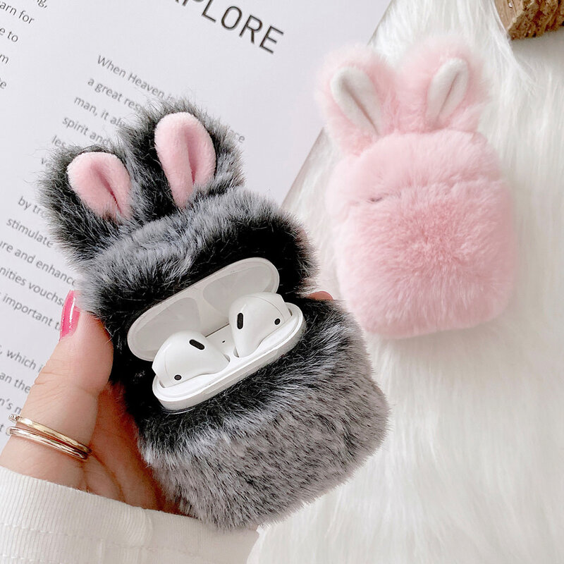 Soft Rabbit Ear Fur Case for AirPods 1 2 Bluetooth Wireless Headset Fluffy Box with Carabiner Warm Plush Cover for Airpods Pro