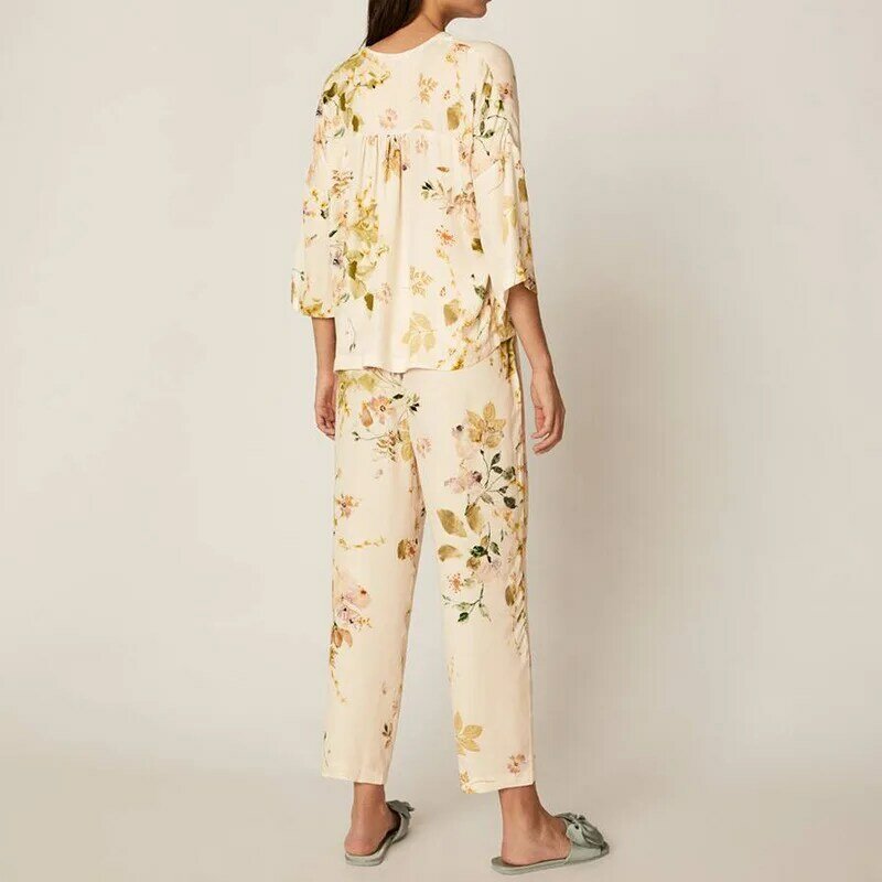 Novo pijama feminino três quartos com folhas impressão pijamas conjunto com decote em v casual tamanho grande solto roupas de casa verão homewear