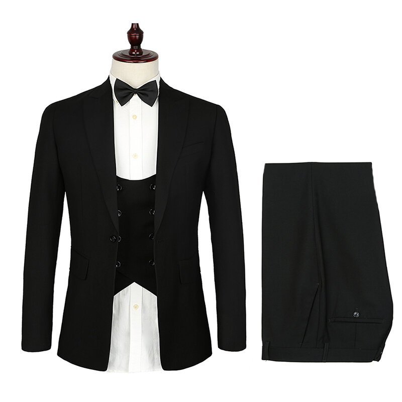 Traje negro moteado de un botón para hombre, traje PARA CENA DE NEGOCIOS, traje de novio (chaqueta + Pantalones + chaleco), novedad de 2020