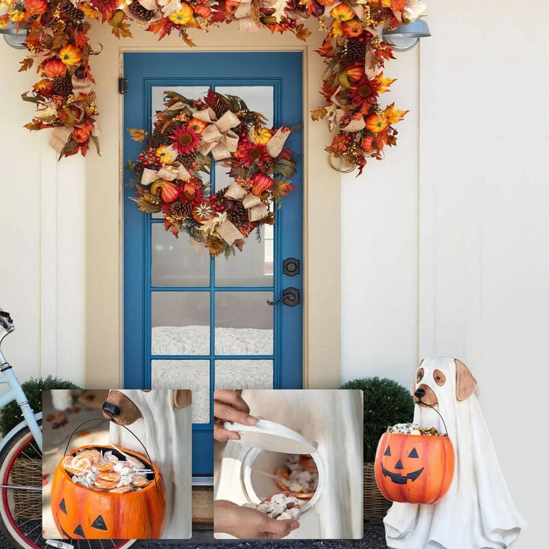 Decorazione di Halloween cane bianco zucca candy bowl balcone porta distribuzione e distribuzione regali artigianato in resina